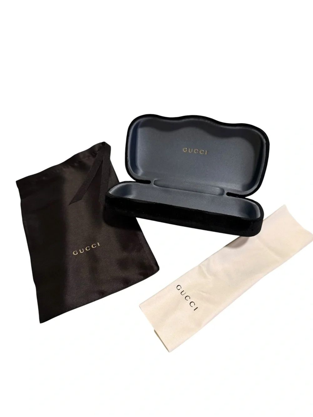 Gucci Black Velvet Eyewear Case with Gold Logo, Dust Pouch, Gucci Cleaning Cloth